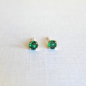 Tiny Emerald Studs 3mm Green Emerald Post Earrings in Solid 14k Gold Minimal Classic Stud image 4