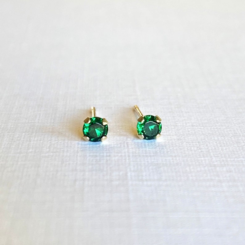 Tiny Emerald Studs 3mm Green Emerald Post Earrings in Solid 14k Gold Minimal Classic Stud image 4