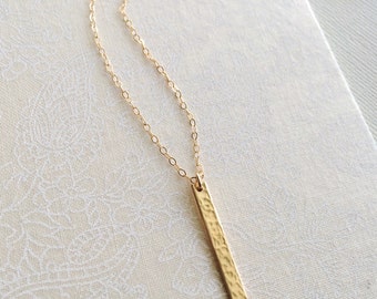 Hammered Gold Bar Necklace ~ Vertical Hand Textured Gold Rectangle on 14k Gold Fill ~ Minimal Geometric Layering Necklace