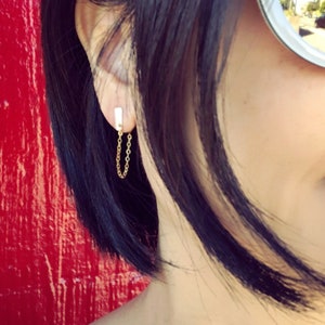Gold Staple Bar Post Earrings, Gold Chain Huggies, Chain hoop tiny earrings, Slim staple Gold Bar Studs Gold Filled Line Studs