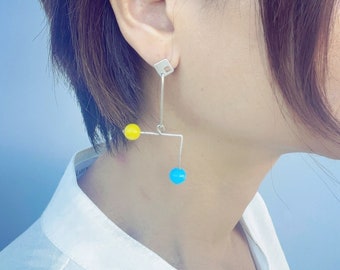 Energizing Yellow, Freedom Blue mobile earrings, Geometric Mondrian statement earrings, Blue yellow statement earrings