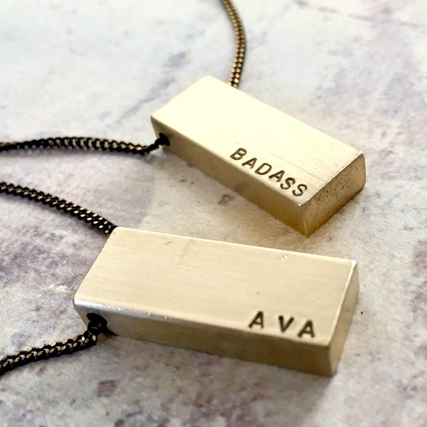 Personalized Brass Bar Necklace, Hand Stamped Mantra Gift - badass word necklace