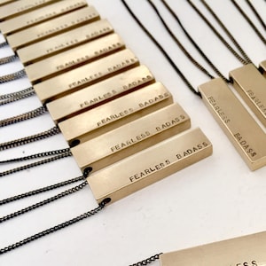 Personalized bar necklace, Fearless Badass, mantra necklace, Personalized quote, brass bar necklace, personalized name necklace