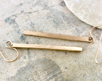 Hammered Gold Filled Bar Earrings, Minimalist Geometric Jewelry