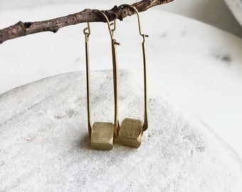 Rectangle hoops with cubes, Cube hoops, Brass hoop earrings, Brass cube hoops, Long hoops, Geometric hoop earrings