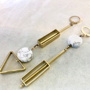 Mismatched Geometric Statement earrings, White Marble earrings, triangle rectangle circle earrings, Architectural earrings