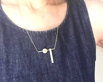 Minimalist Brass Bar and Circle Necklace, Modern Geometric Jewelry