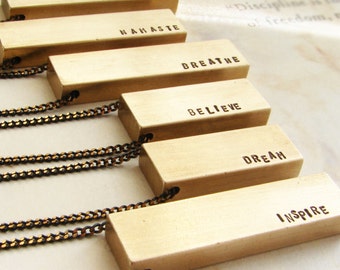 Custom Brass Bar Necklace, Hand Stamped Mantra Pendant