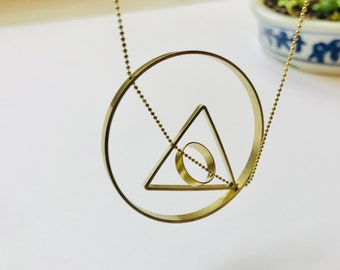 Sacred Geometric Necklace, Concentric Circle Triangle Necklace, Geometric Statement Necklace