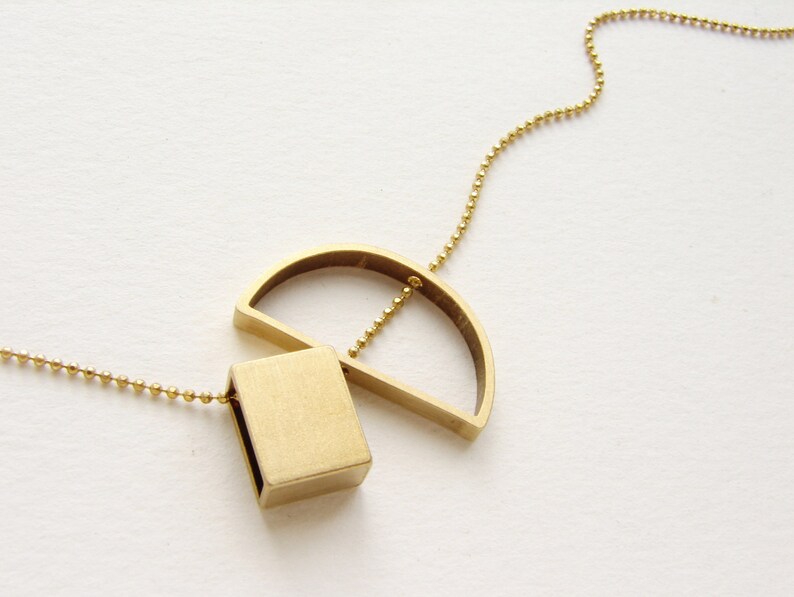 Abstract pendant necklace, pendant, Brass jewelry, geometric pendant, minimal necklace, rectangular semicircle pendant necklace image 2