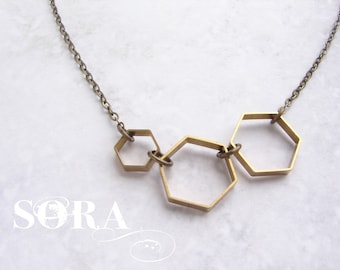 Vintage Brass Honeycomb Necklace - Geometric Hexagon Jewelry
