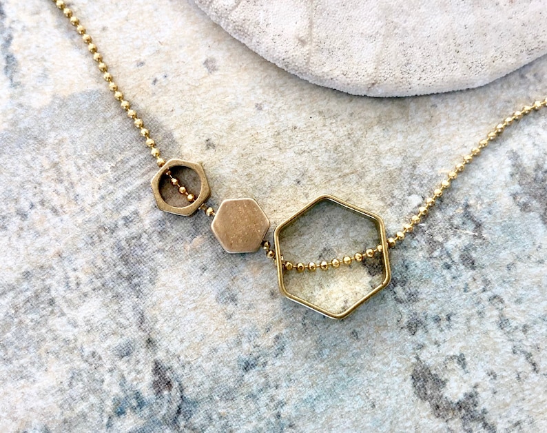Triple Hexagon Necklace Hexagon Necklace Brass Jewelry Etsy