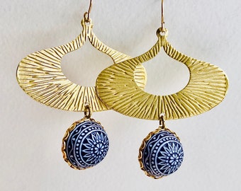 Inner Frida Earrings, Geometric Statement Earrings, Gypsy Statement Earrings, Vintage Blue button earrings, Art Deco Statement Earrings