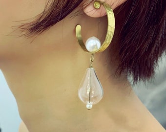 Pearl hoop statement earrings, Teardrop Glass Post earrings, Modern pearl hoop earrings, Blown glass statement earrings