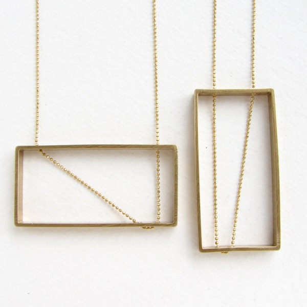 Minimalist brass rectangle frame pendant necklace with Geometric Line detail