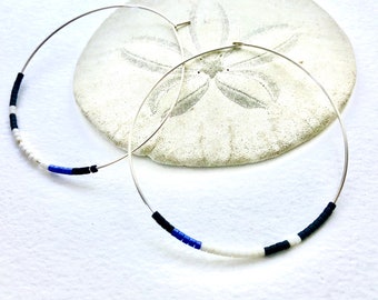 Black White Blue Hoop Earrings, Colorblock seed beads hoops, glass beaded hoop earrings, minimal statement hoop earrings