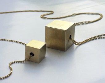 Cube necklace, brass cube necklace, 3D geometric jewelry, solid cube pendant necklace, Layering long necklace, geometric statement necklace