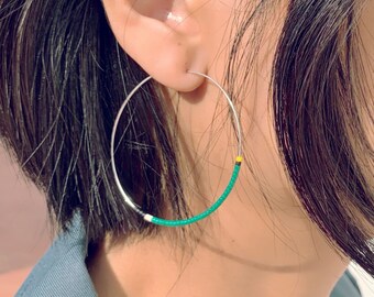 Green Black Yellow White Hoop Earrings, Colorblock seed bead hoops, Colorful hoop earrings, minimal statement hoop earrings