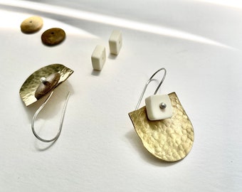 Circle and Square Mixed metal statement earrings, ivory brown olive gold silver geometric earrings, earth tone statement earrings