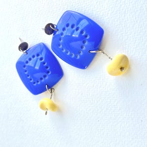 Bright Blue Statement Earrings, Vintage blue square earrings, Royal Blue and yellow earrings, Colorful statement earrings