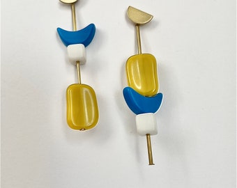 Ice Pop Trio under the moon, Statement ear jacket, Vintage Lucite beads, half moon post earrings, Bespoke Colorful earrings