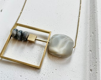 Ombre gray statement necklace, Square statement necklace, Modern Geometric necklace, Marbled gray stone necklace
