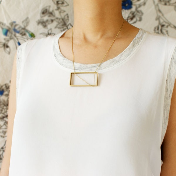 Rectangle necklace, statement necklace, woven chain pendant necklace, art deco metal pendant, gold rectangle long necklace