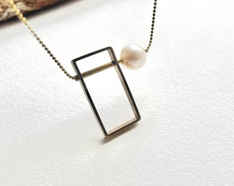 Architectural pearl pendant necklace, Rectangle and Pearl necklace, Minimal Geometric Pearl necklace
