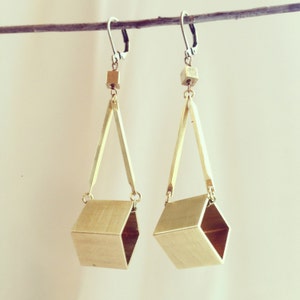 Cube dangle earrings, geometric 3D square dangle brass bar earrings, industrial minimal brass jewelry gift for her