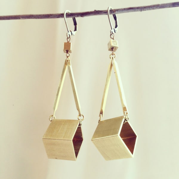 Geometric Brass Cube Dangle Earrings, Industrial Minimalist Jewelry