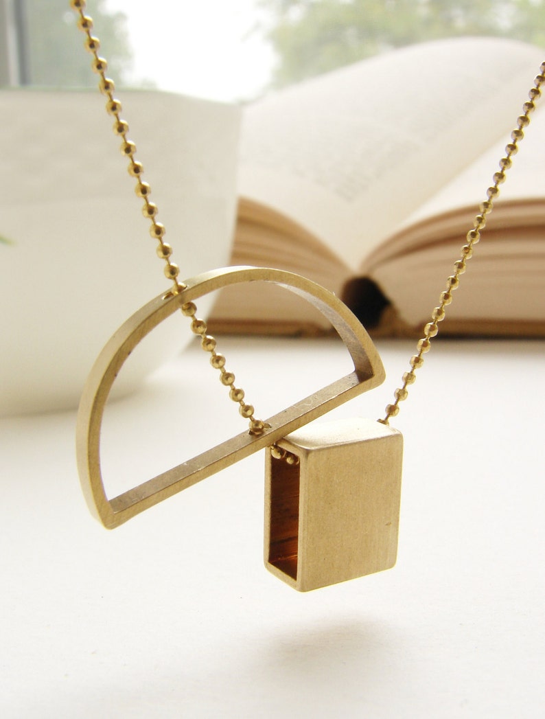 Abstract pendant necklace, pendant, Brass jewelry, geometric pendant, minimal necklace, rectangular semicircle pendant necklace image 1