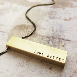 Personalized Brass Bar Necklace, Custom Hand Stamped Mantra Pendant