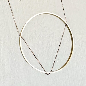 Large Gold Tone Brass Circle Pendant Necklace | Woven Chain Abstract Geometric Jewelry
