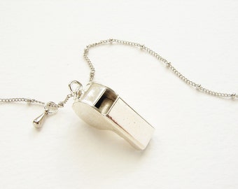 Tiny Whistle necklace, silver whistle necklace, miniature working whistle necklace, coach whistle necklace