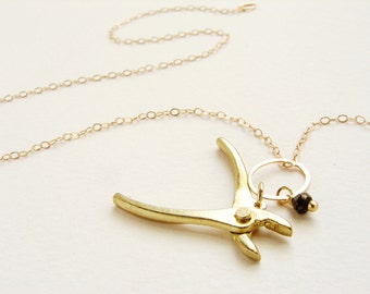 Tiny Plier Necklace, mini gold plier necklace, pyrite stone 14kt gold filled chain, miniature tool necklace gift for diyer, gift for hostess