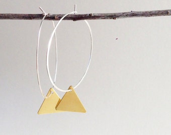 Hoop earrings, large sterling silver hoop earrings, gold triangle dangle, hammered hoop earrings