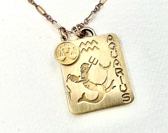 Vintage Brass Zodiac Necklace, Rectangular Astrological Pendant, 1970s Rhode Island