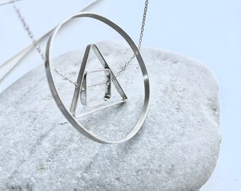 Sacred Geometric Necklace, Sterling silver Concentric Circle Triangle Necklace, Geometric Statement Necklace