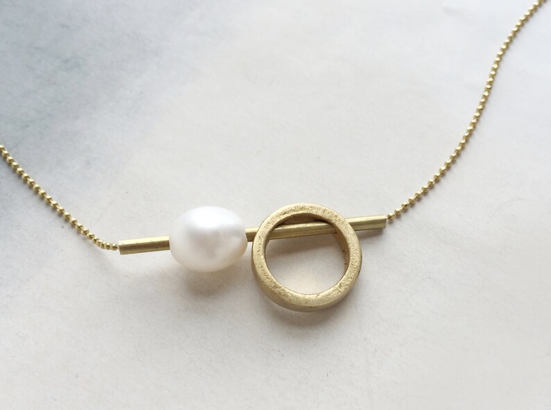 contemporary pearl necklace minimal pearl necklace Architectural pearl necklace modern pearl and brass link