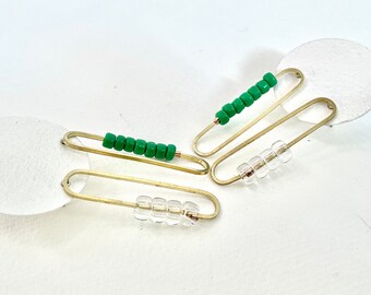 Minimal rectangle link and glass post earrings - Clear glass rectangle earrings, Green glass rectangle earrings