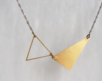 Geometric Triangle Pendant Necklace, Brass and Gunmetal Chain
