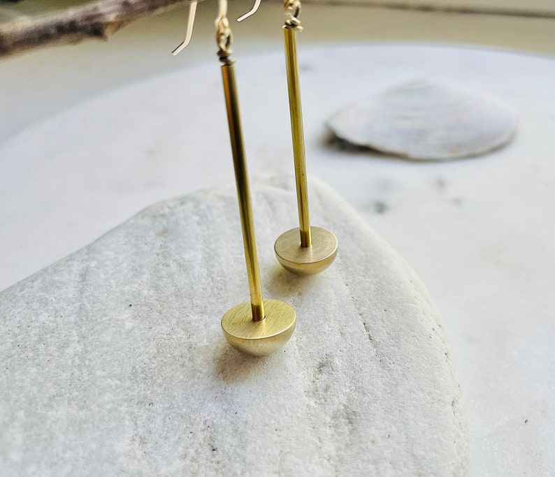 Eclipse Earrings, half dome and bar earrings, minimal brass earrings, architectural earrings, Geometric earrings, Solar Eclipse earrings image 2