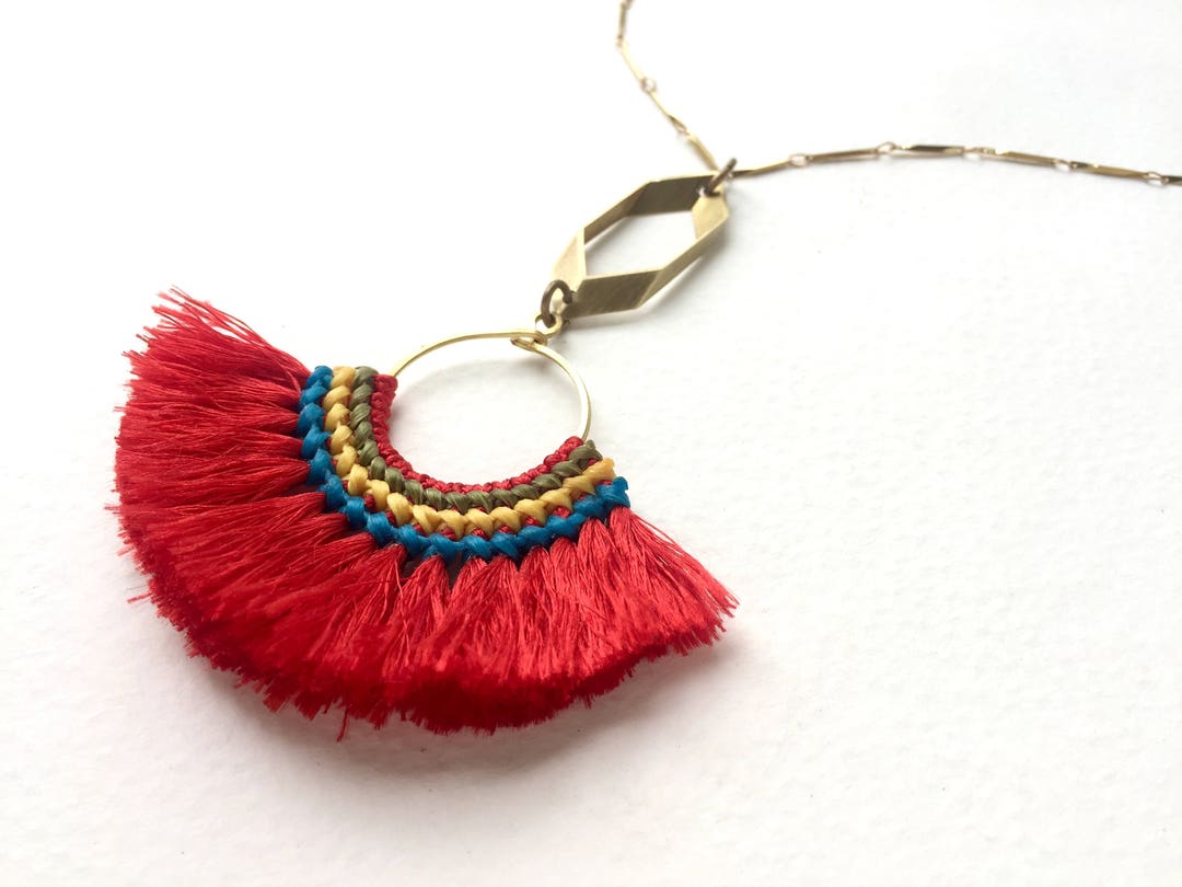 Tassel Statement Necklace, Red Tassel Necklace, Bohemian Statement