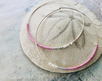 Pink Gray White Hoop Earrings, Colorblock seed beads hoops, glass beaded hoop earrings, minimal statement hoop earrings