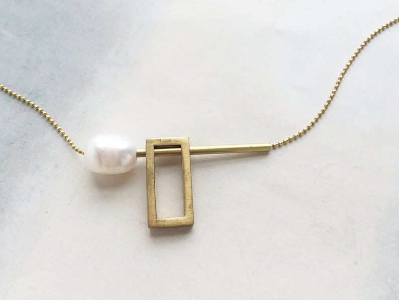 contemporary pearl necklace minimal pearl necklace Architectural pearl necklace modern pearl and brass link