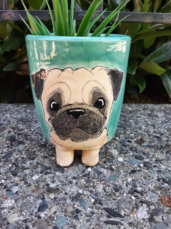 Handpainted Pug succulent planter. Wheel thrown ceramics. 100% handmade