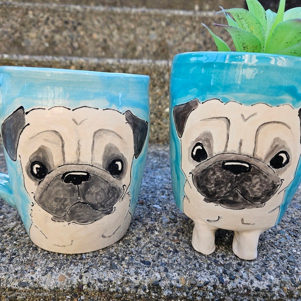 Handmade Pug Mug 20oz AND Pug planter Free shipping