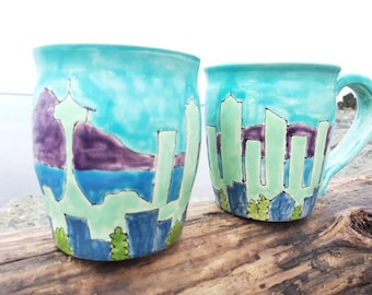 Handpainted Seattle skyline mug. Wheel thrown.