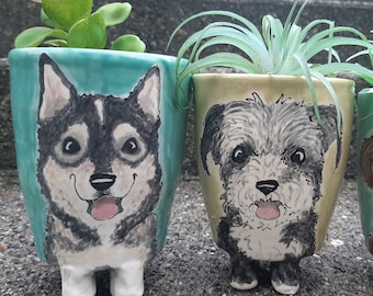 2 Custom Pet portrait planter. Handmade handpainted Succulent Planter.