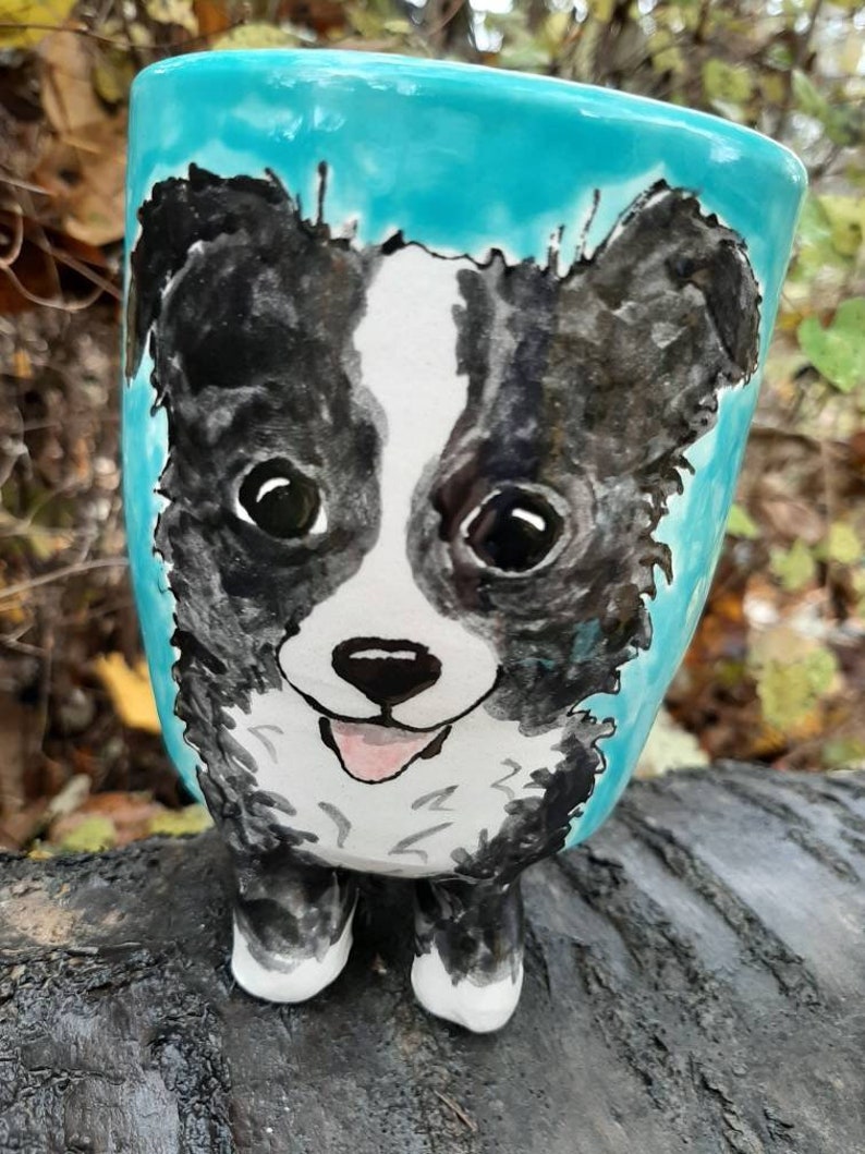 Border Collie succulent planter. 100% handmade hand painted. Free shipping image 1